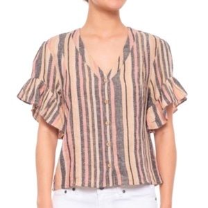 Drew Beverly Linen Striped Ruffle Sleeve Top Sz M
